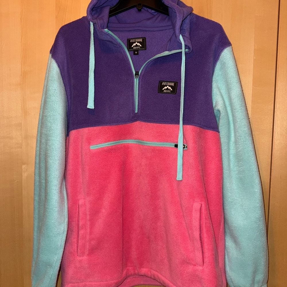 Retro Mountain Fleece Hoodie - Purple, Pink, and Blue